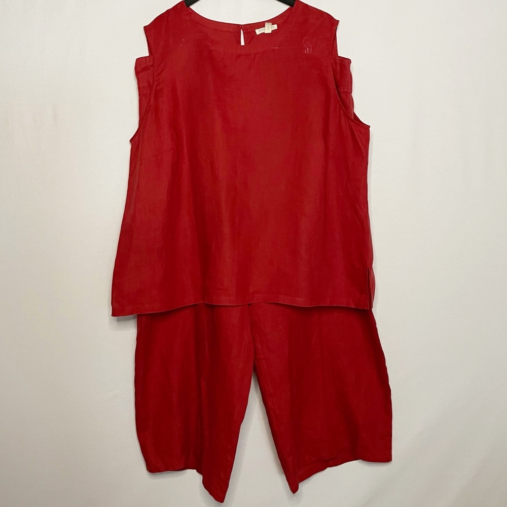 Eileen Fisher 1X Organic Linen Red Pull On Cropped Pants and Tank Set Lagenlook
